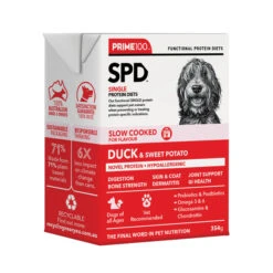 Prime100 SPD Slow Cooked Duck & Sweet Potato 354g -KONG Shop Prime100SlowCookedPackageRender Duck SweetPotato FrontAngled